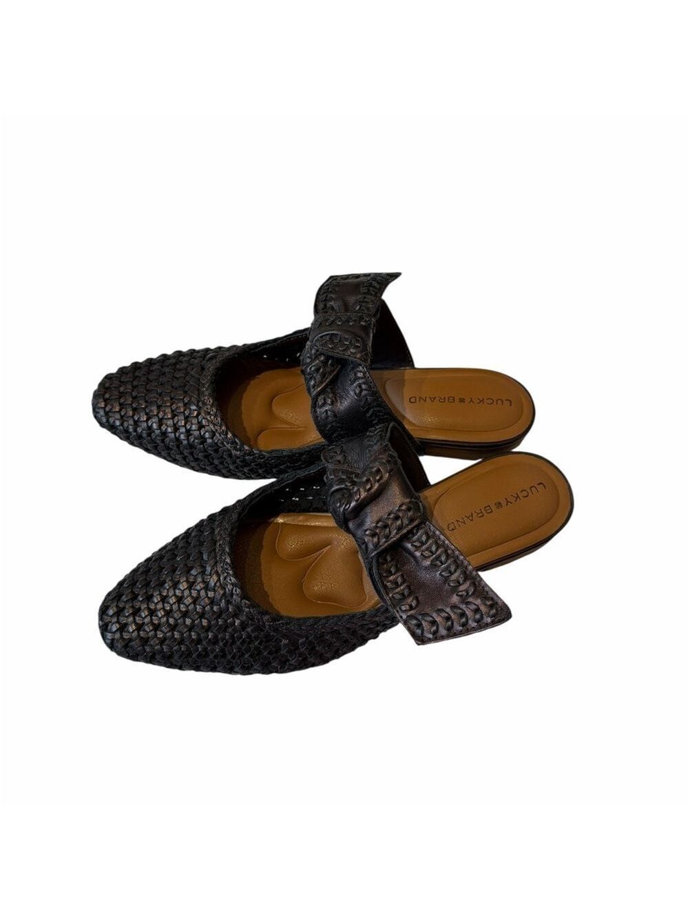 Lucky Brand Grenaldie Leather Metallic Dark Brown Woven Women's Mules Size 8 EUC